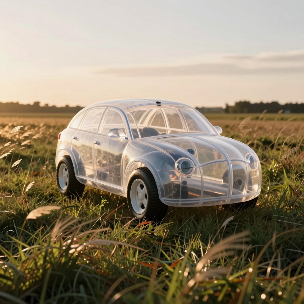 A realistic photo of a full-size transparent inflatable car standing in the middle of a wild grassy field during golden hour, soft warm sunlight, long shadows, gentle breeze moving the grass, surreal and poetic atmosphere, high detail and natural colors.